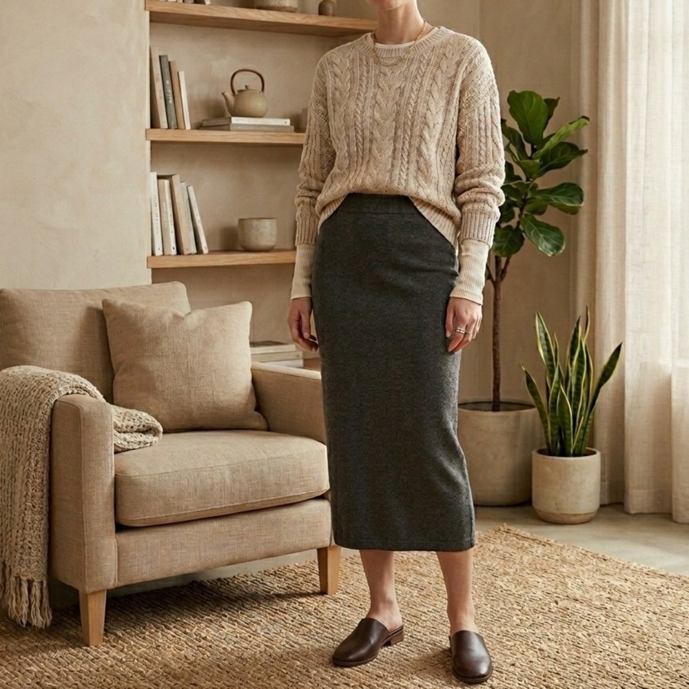 J. Jill Maxi Skirt Medium Tall Gray Cotton Silk Blend Knit Pencil Pull-on